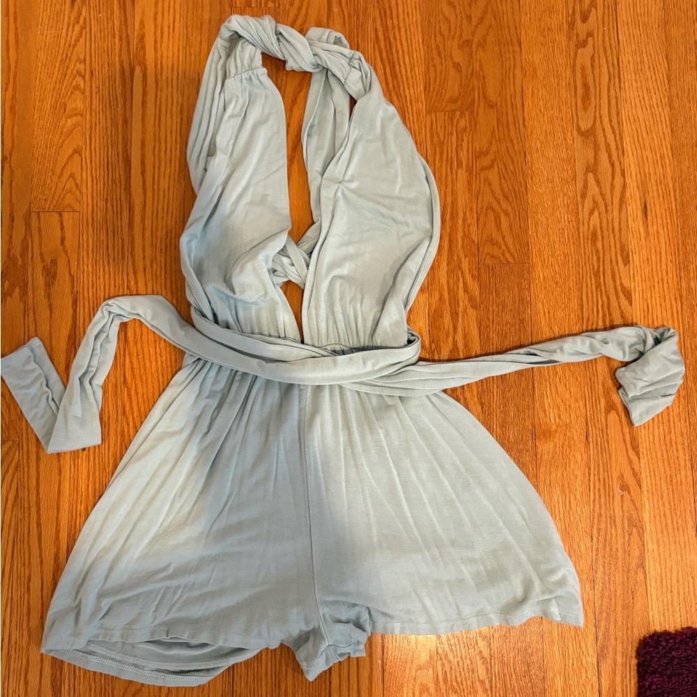 Light Blue/teal Halter Romper with Waist Tie